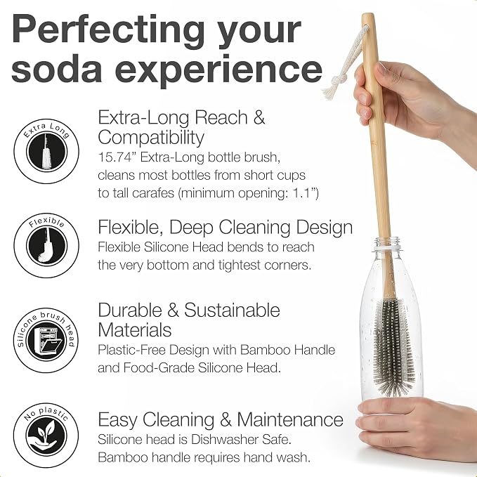 16" Extra Long Bamboo Bottle Brush with Plastic-Free Silicone Head | Cleans deep bottles effortlessly. Ergonomic bamboo handle and flexible silicone brush head. Hygienic hang cord.