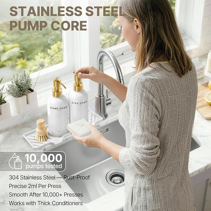 Kitchen Soap Dispenser with Self Draining Silicone Tray, Brush Sponge, Gold | Kitchen Sink Organizer, 2 x 17oz Glass Soap Dispensers, Stainless Steel Pumps, Hand and Dish Soap Dispenser Set