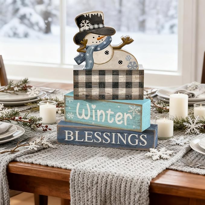 Moucuny 4 Pcs Winter Snowman Wooden Signs Farmhouse Tiered Tray Decor | Buffalo Plaid Snowman Design, Shelf Decor for Kitchen Living Room, Rustic Centerpiece, Winter Blessings for Farmhouse