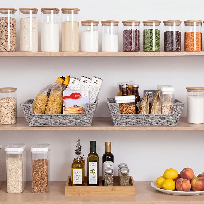 StorageWorks Pantry Baskets for Organizing, Large Wicker Basket for Storage | Wicker Storage Baskets for Shelves, Paper Rope Rattan Baskets with Handles, 2 Pack Woven Basket for Shelf Storage, Gray