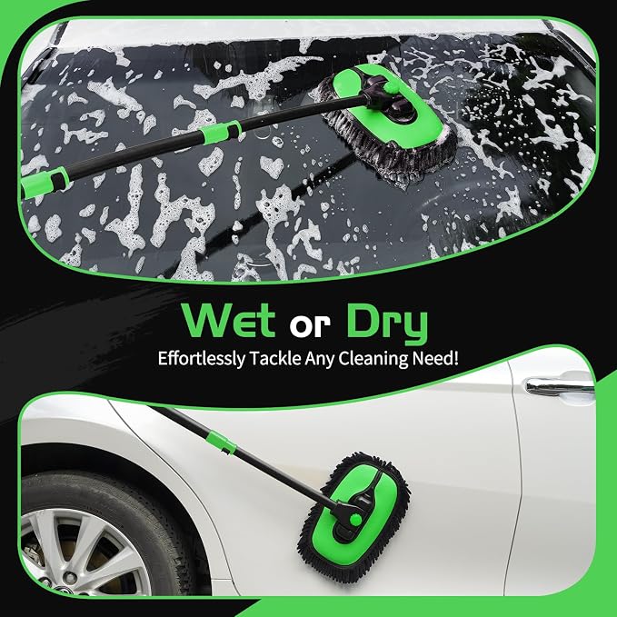 HIPPIH 15° Curved Car Wash Brush with Long Handle, 2 Scratch-Free Mop Heads | 43" Microfiber Car Cleaning Brush with Extension Pole, Exterior Car Wash Supply Kit for Roof RV Truck Camper SUV Caravan Boat