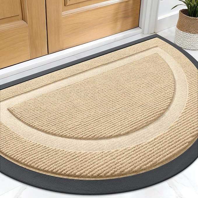 OLANLY Half Circle Front Door Mat Outside 29.5x17 All-Season Rubber Doormat | Beige, Absorbent, Heavy-Duty, Stain and Fade Resistant, Waterproof Non-Slip Backing, Low-Profile Indoor Outdoor Entryway Mat