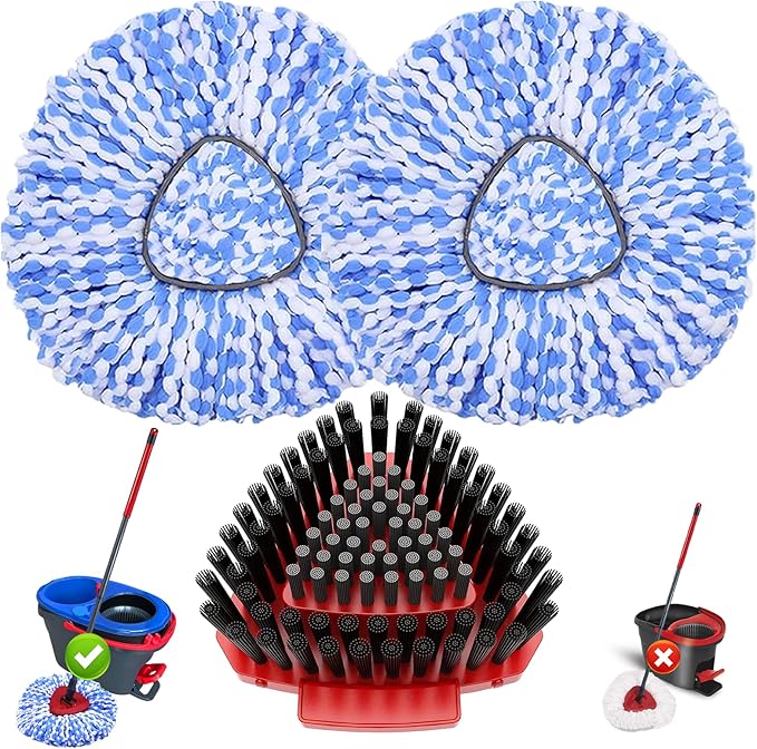 Spin Mop Replacement for O Cedar RinseClean System-2 Mop Heads+1 Scrubber | Upgrade Dual-Bristle Scrub Brush, Soft Inner & Stiff Outer,20° Angled for Corners,100% Microfiber Refill,Reusable & Washable