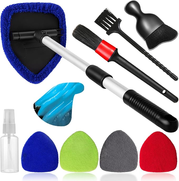 Qydipclin 10pcs Windshield Cleaner Tool, Car Window Cleaning Wash Kit with 4 Reusable Microfiber Pads 1 Spray Bottle and Extendable Handle Auto Glass Wiper Kit, Multicolor