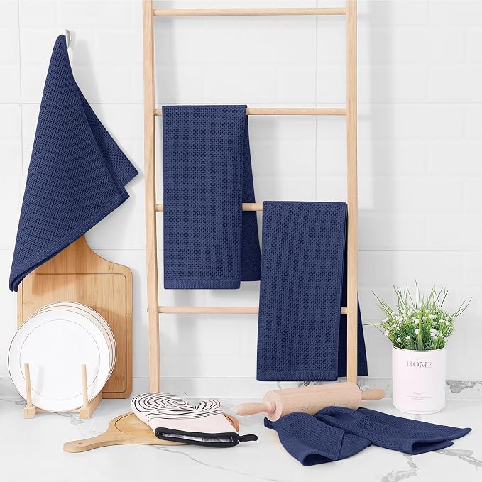 Homaxy 100% Cotton Waffle Weave Kitchen Dish Towels 4-Pack, Dark Navy | 13 x 28 Inches, Ultra Soft Absorbent Dish Towels, Quick Drying Cleaning Towels