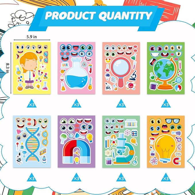 24 Sheets Science Make a Face Stickers, Make Your Own Science Stickers Mix and Match Sticker for Home School Classroom Crafts Activities Reward Birthday Party Favors