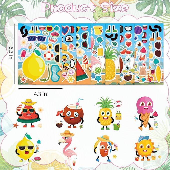 24 Sheets Summer Make a Face Sticker, Make Your Own Hawaii Stickers Flamingo Watermelon Pineapple Summer Stickers for Boy Girls Home School Classroom Crafts Activities Hawaii Party Favors