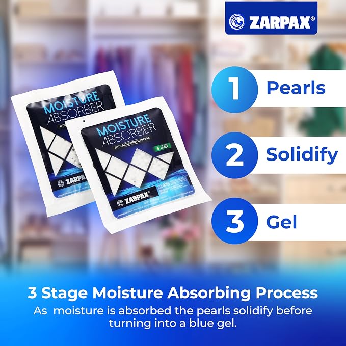 Zarpax Moisture Absorber Sachets Activated Charcoal 1.4 oz/40g - Remove Excess Moisture In Air - Desiccant Dehumidifier for Closet, Drawer, Safe, Storage - Dampness & Humidity Control - Set of 15
