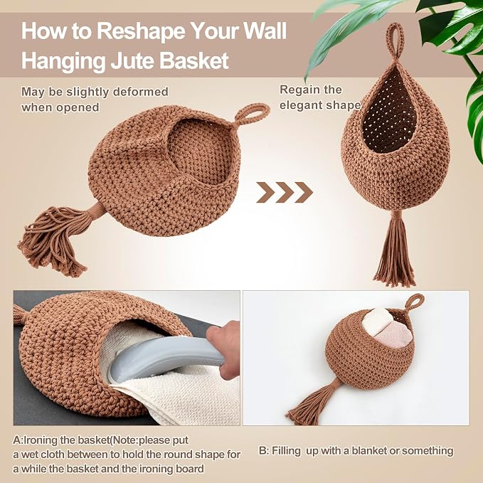 Honeydak 3 Hanging Baskets, White, Cotton Rope, Tassel | Wicker Wall Baskets with Hooks for Fruit Vegetable Onion Storage, Teardrop Organizer for Kitchen, Boho Farmhouse Decor