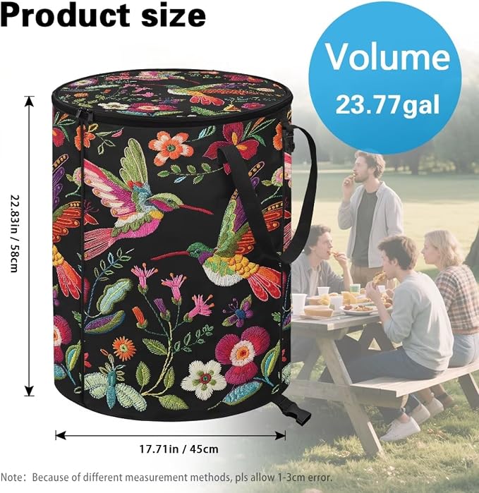 Vintage Flower Hummingbird Foldable Trash Bag with Lid and Handles 24 Gallon Large Capacity Collapsible Garden Leaf Bin Reusable Waster Bags for Camping Outdoor Picnics