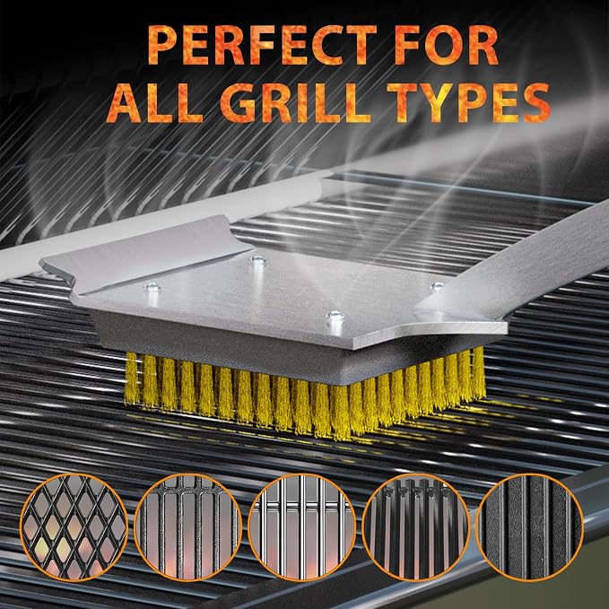 ENLOY 17" Grill Brush & Scraper for Barbecue, Grill Brush for Outdoor Grill | Extended Rosewood Handle and 2 Replaceable Copper Wire Brush Heads, Grill Cleaning Brush Grill Accessories for Most Grill