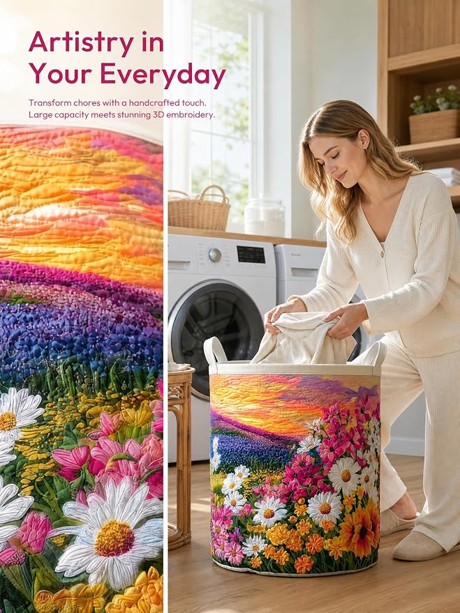 Quilted Laundry Basket with Handles, Boho Floral Quilted Storage Hamper, Large Capacity Laundry Hamper for Nursery Bedroom Laundry Room Home Decor (Pattern 01, Small (18"H x 14"W x 14"L))