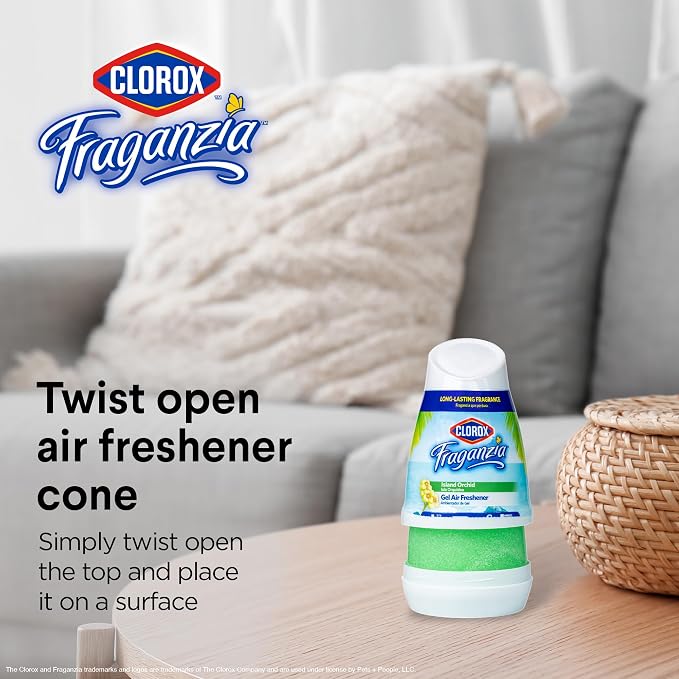 Clorox Fraganzia No-Plug Gel Air Freshener Cone, Island Orchid Scent, 6 Oz | Gel cone, no-plug battery-free, small rooms closets kitchens and bathrooms