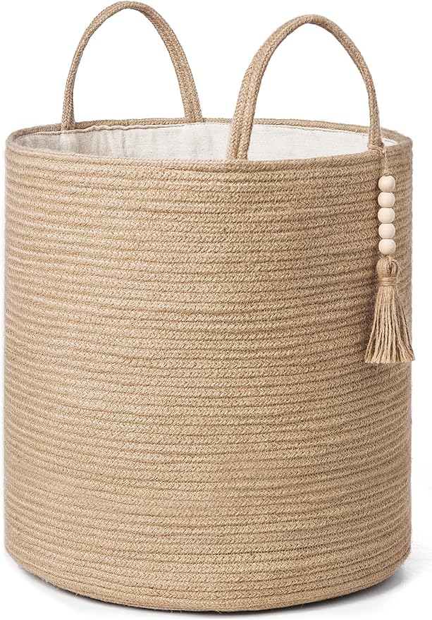 Mkono Woven Storage Basket for Blanket, Toys Plant Organizer, 15"W x 17.7"L | Brown, Jute, 51L Large Capacity, Shipped Folded with Reshape Guide, Soft Woven Bin for Blankets Toys Plant Pot Cover