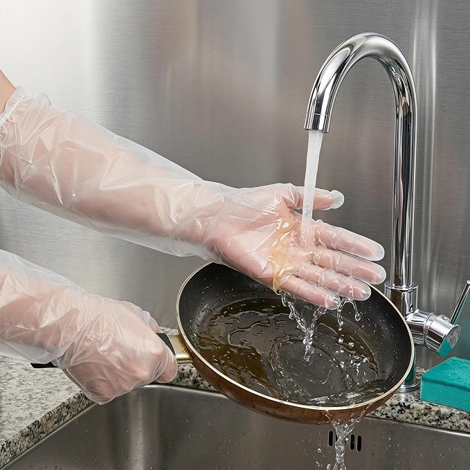 15 Pairs Waterproof Long Sleeve Cleaning Gloves for Household Duties Elbow Length Cpe Gloves with Tight Cuff and Thick Waterproof Coating Reusable for Gardening and Pet Care