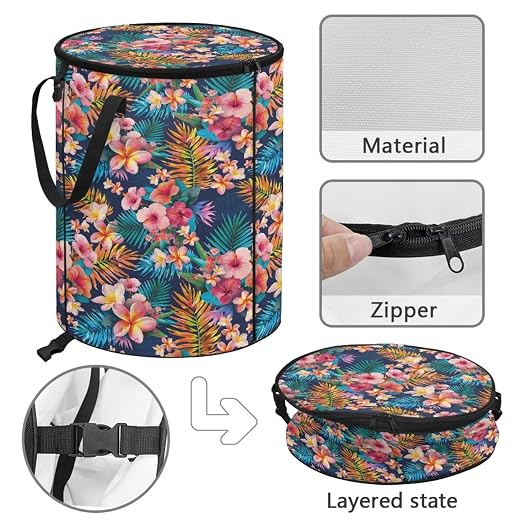 BIGCARJOB Tropical Leaves Collapsible Trash Can Portable Tall Trash Can Oval Recycling Bin 22.83x17.71 Outside Garbage Bin Storage Bag with Clip and Zipper Lid