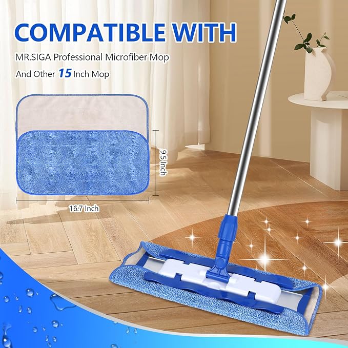 Microfiber Cleaning Cloth Compatible with MR SIGA Microfiber Mop | Professional Reusable Flat Mop Refills, Washable Mop Pads Replacement for Hardwood Cleaning, Dual-Sided Wet/Dry Use (4 Pack)