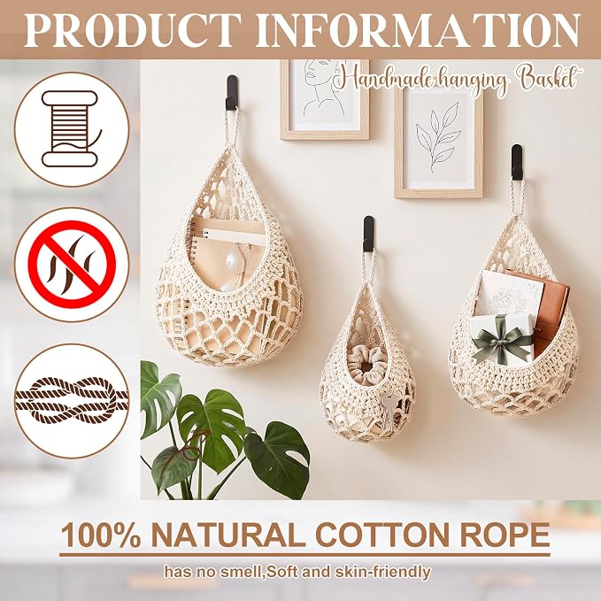 3 Hanging Baskets,White,Crochet,Cotton Rope | Wicker Wall Baskets with Hooks for Fruit Vegetable Onion Storage, Teardrop Organizer for Kitchen, Boho Farmhouse Decor