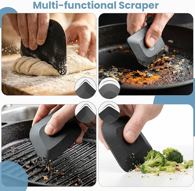 Cast Iron Scrubber with Long Handle Dish Scouring Pad Chainmail Cleaner | 316 Cast Iron Scrubber for Pan Skillet, Dishwasher Safe Cleaning Kit (Grey, 1 Scrubber + 1 Scraper)