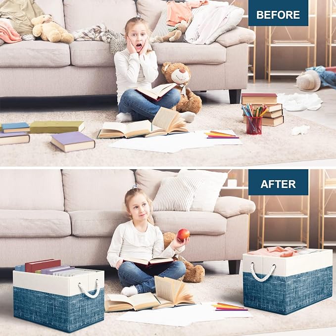 Storage Bins 6-Pack, Foldable Storage Baskets for Organizing Toys, Books, Shelves, Closet, Large Storage Box with Rope Handles, Sturdy Organizer Bins, White & Blue