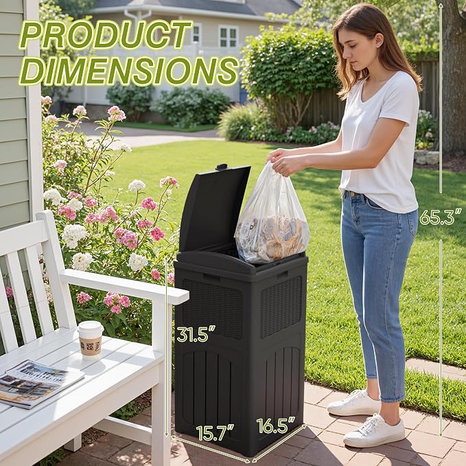 Greesum 33 Gallon Outdoor Trash Can with Lid, Waterproof, 3 Pack, Gray | Resin Garbage Bin for Hideaway, Deck, Patio