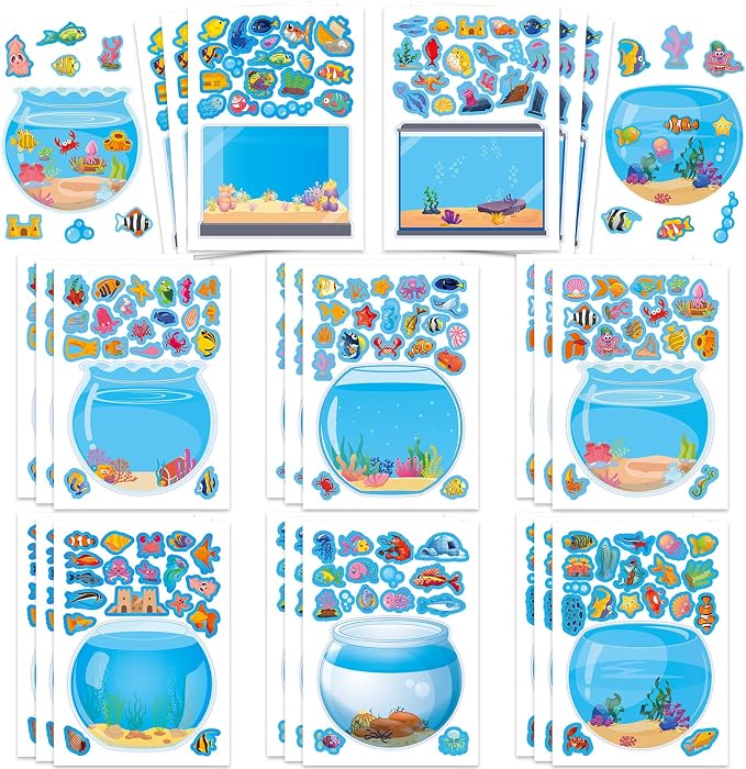 24 Sheets Make Ocean Animals Worlds Scene Stickers, Cute Under The Sea Ocean Animal Stickers Summer Fish Tank Scene for Party Favors Summer Activities Crafts