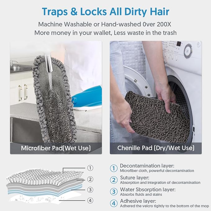 Spray Wet Mops for Floors Cleaning: Hardwood Floor Mops Flat Mop Refillable | Remove Pet Hair, 3 Washable Pads for Swiffer PowerMop, Commercial Dust Mop, for Pet Owner Laminate Tile Vinyl Multi-surface