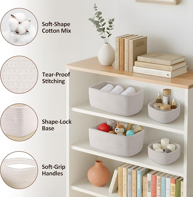 5-Pack Small Woven Rope Storage Baskets, 2 Sizes Organizer Bins | Fabric Cube Boxes and Rectangular Shallow Bins for Closet, Shelf, Bookshelf, Nursery, Changing Table, Bathroom, Toys & Home
