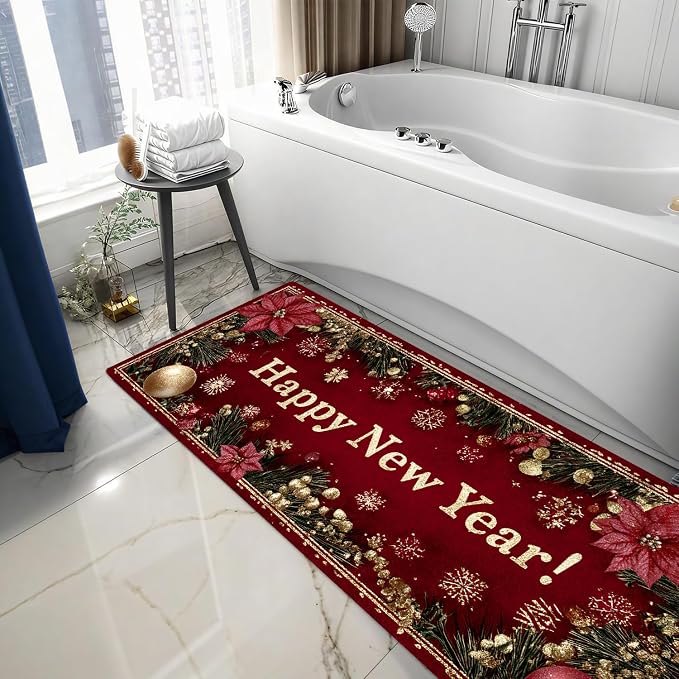 ANNA QUEEN Happy New Year Laundry Room Rug Runner 20x47 Inch -Waterproof Non-Slip Red Poinsettia Floor Mat for Front Load Washer Dryer,Washable Kitchen Decor, Machine Washable