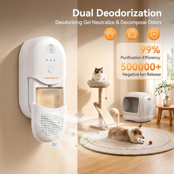 Meowant Cat Litter Odor Deodorizer,Sensor Monitor Negative Ion Air Purifier | 4 Auto Modes Pet Odor Eliminator, Rechargeable Wireless Quiet Odor Remover with Odor Deodorant Gel for Multi-Pet Home 1PCS