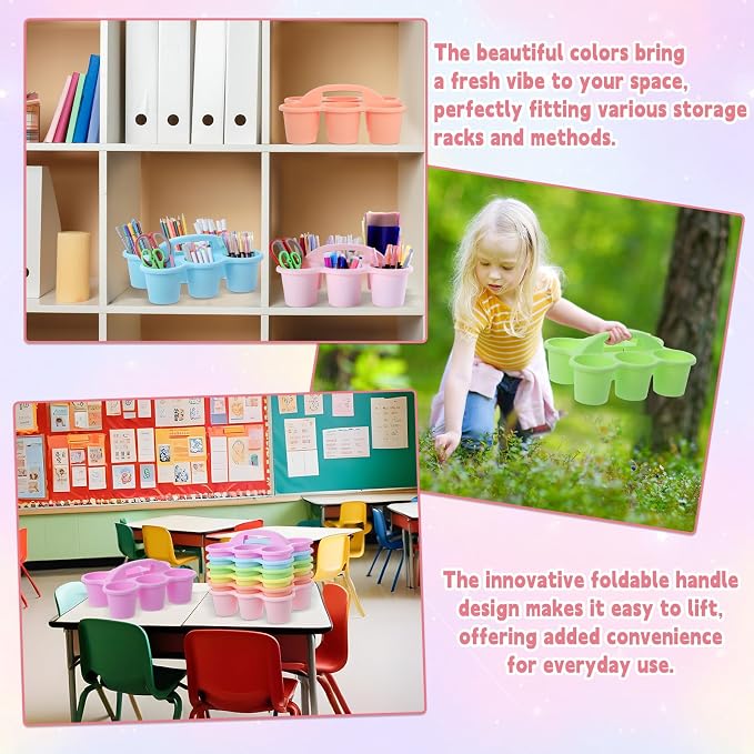 6 Pack Classroom Caddy Organizer with Handle, 6 Compartments, Pastel | Stackable Plastic Table Caddies, 12x9x3.5 In, caddy Organizer for School Supplies, Crayons, Pencils, Crafts and Drink Cups