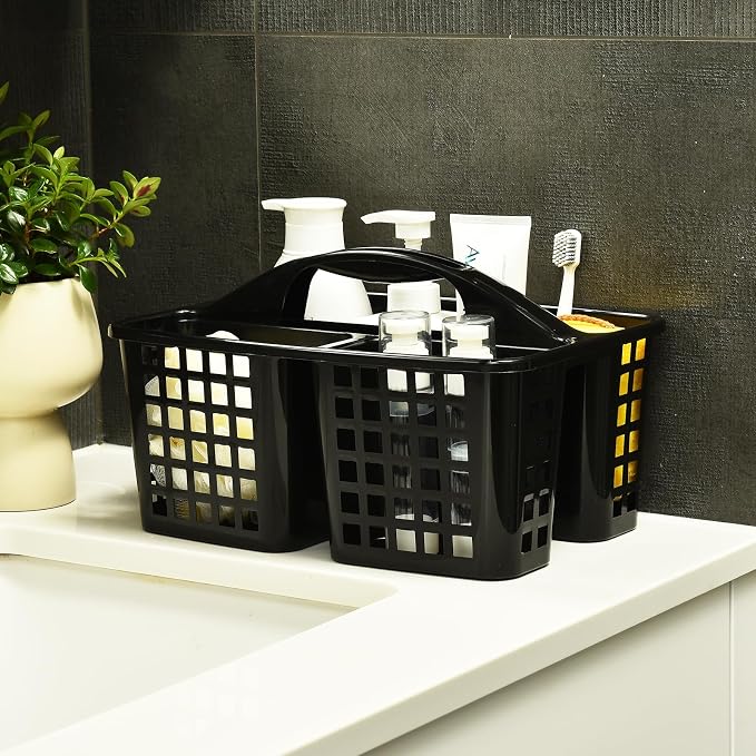ALINK Plastic Shower Caddy Basket with Compartments, Portable Divided Cleaning Supply Storage Organizer with Handle for College Dorm Bathroom - Black