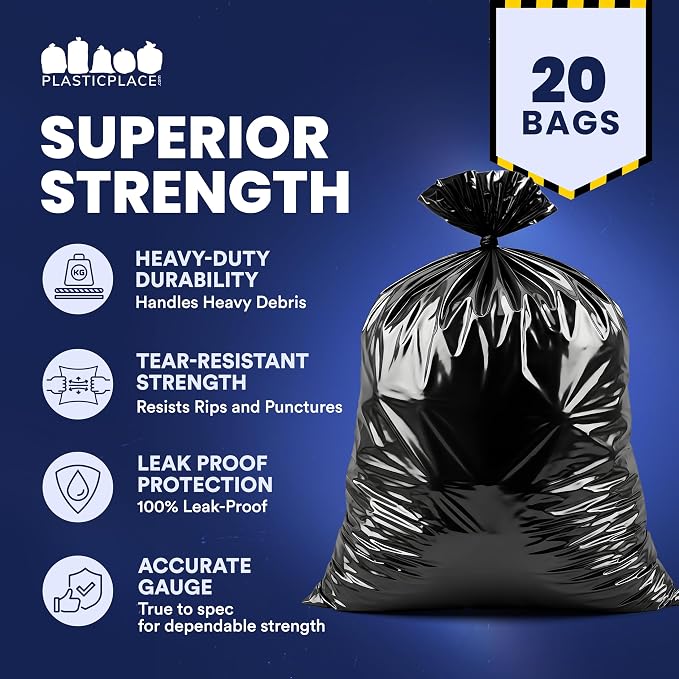 Plasticplace Contractor Garbage Bags: 55 Gallon Trash Bags Heavy Duty, Big Black Trash Bags, 36"x58", 6.0 Mil, Pack of 20