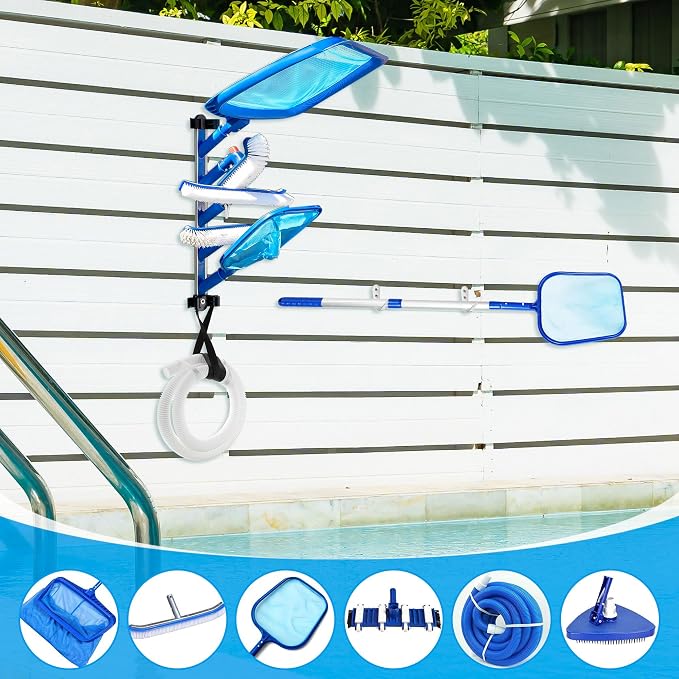 Swimming Pool Accessories Holder, Pool Cleaning Accessory Organizer Holder | Pool Cleaning Accessory, Pool Tool Organizer Storage Rack for Poles, Skimmers, Leaf Rakes, Nets, Brushes, Vacuum Hose
