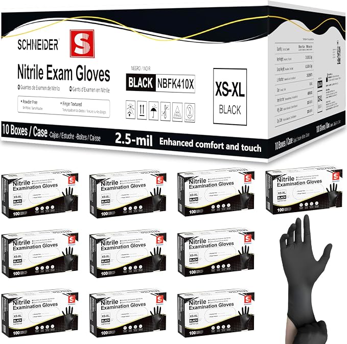 Schneider Black Nitrile Gloves, Gloves Disposable Latex Free, Powder Free | 2.5-Mil, Medical Exam Glove, Food Safe Gloves, Cooking Gloves, Cleaning Gloves