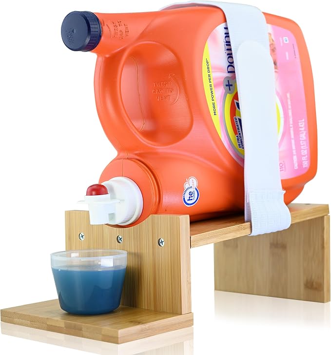 Liquid Laundry Detergent Holder Stand with Tray & Strap - 1 Pack - Wood | Easy Pouring, Rubber Feet, Angled Stand, Fabric Softener Dispenser for Laundry Room Organization & Storage