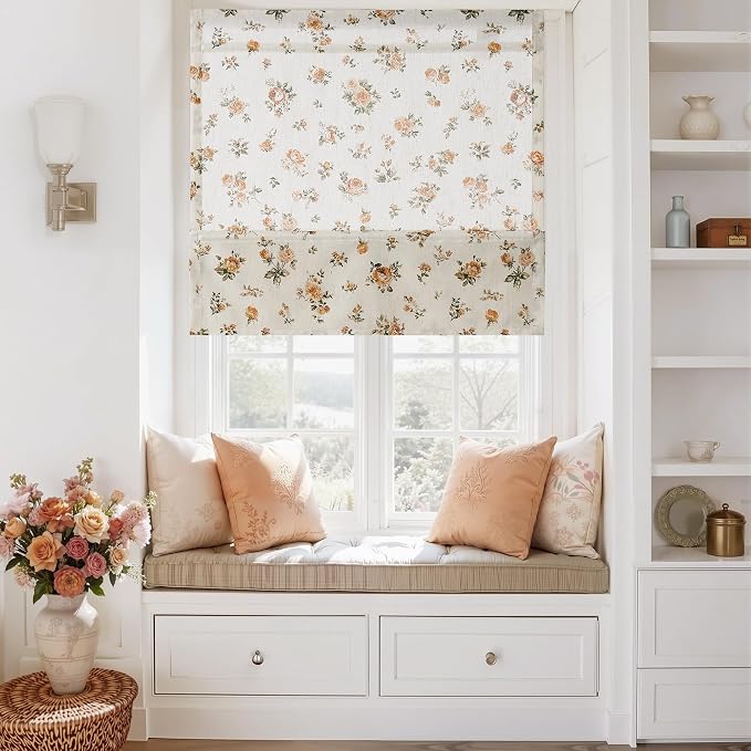 StangH Oak Yellow Cordless Linen Floral Roman Shades, W32 x L64, 1 Panel | Magnetic Style with Easy Handle, Light Diffusing Window Blind, Vintage Rose Printed Blind, for Nursery