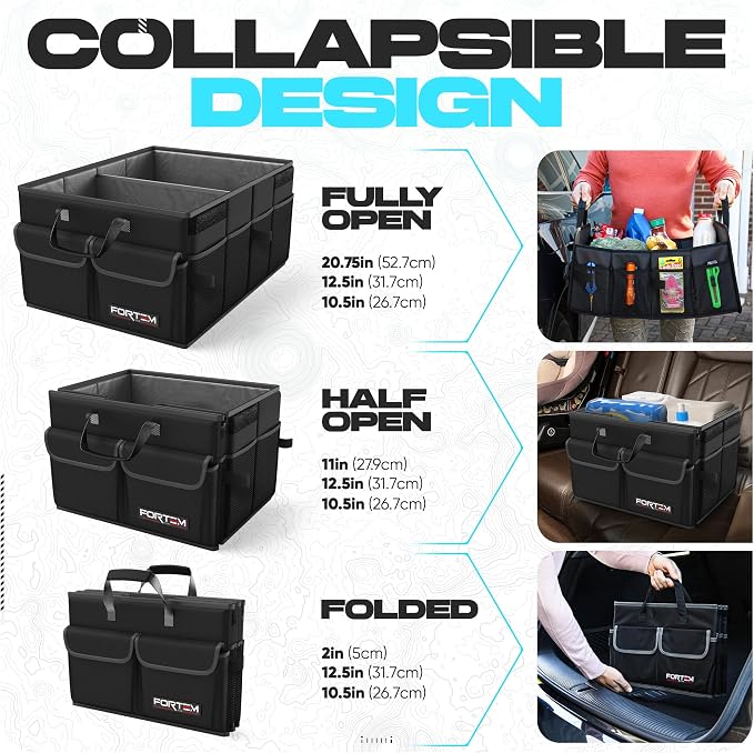 FORTEM Trunk Organizer - Foldable Car Organizer & Storage for SUVs & Trucks | Car Accessories for Men Women, Collapsible Bag, Non Slip Bottom, Straps, Soft Cover, 600D Oxford, Black, 2 Compartments, 45L