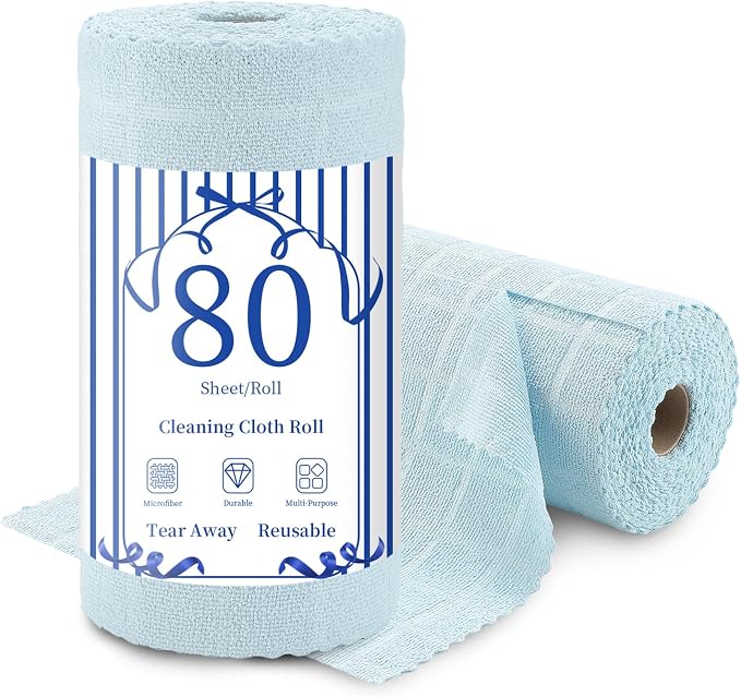 Ferdilan 80 Pack Microfiber Cleaning Cloth Roll,Lint Free Rags Paper Towels & Tear Away Reusable Towels,Washable Shop Rags,Wash Cloths Dish Rags(12" x 12") for Car Kitchen Window Garage-Light Blue