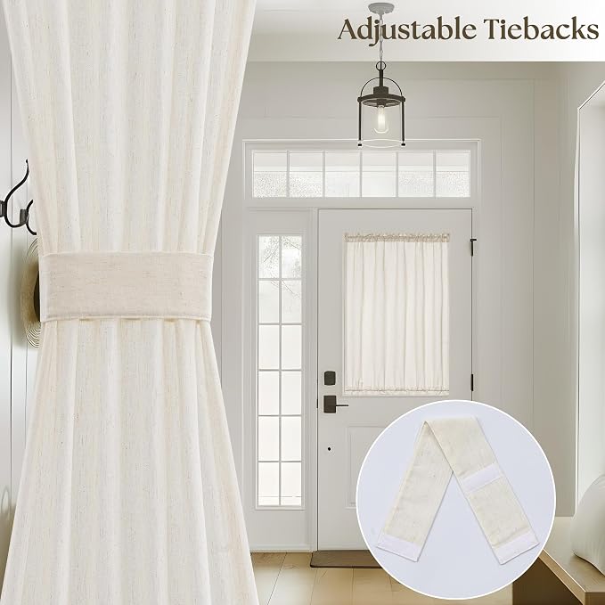 Natural Linen French Door Curtains Set of 2 25 x 40 Inch Length | Light Filtering Privacy Semi Sheer Window Curtain, with Dual Rod Pocket, and Tie Back, Beige, Front Door Drapes, W25xL40
