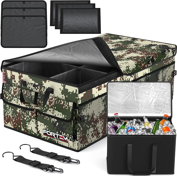 FORTEM Trunk Organizer - Foldable Car Organizer with Cooler for SUV, Trucks | Car Accessories for Men Women, Collapsible Bag, Non Slip Bottom, Straps, Soft Cover, 600D Oxford, 6 Compartments, 105L