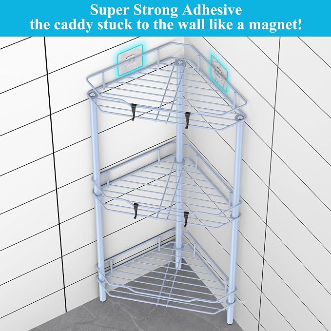 HuggieGems Metal Floor Standing Corner Shower Caddy, Blue, 3 Tier | Adhesive Bathroom Organizer Shelves, Free Standing Shower Rack with Hooks, Hold Large Shampoo Bottles