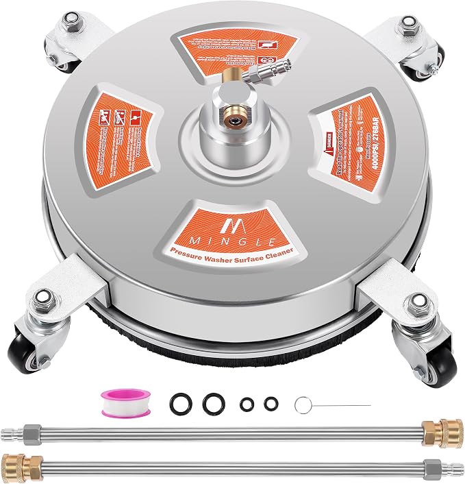 M MINGLE 14'' Pressure Washer Surface Cleaner Attachment, 4000 PSI | Driveway Power Washer Accessory with 2 Extension Wands, 1/4" Quick Connect, Ideal for Cleaning Driveways and Sidewalks