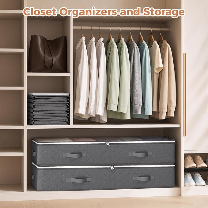 Budding Joy 95L Under Bed Storage Containers, 4 Pack Closet Organizers Grey | Foldable underbed storage bins for linen sheets, blanket, clothing, comforter, sweaters, pillows, wrapping paper