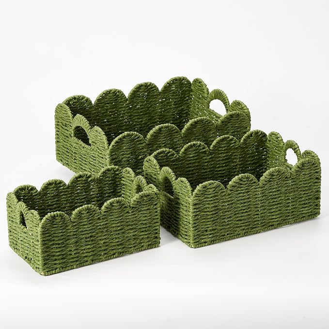 Scalloped Wicker Basket Set of 3, Hand-Woven Storage with Handles | set of 3 green scalloped baskets with handles. Hand-woven paper rope for shelves, bathroom or closet. Stackable, sturdy.