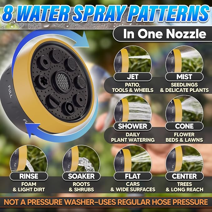 Metal Garden Hose Nozzle High Pressure, 8 Spray Patterns, Lock Clip | Heavy Duty Hose Nozzle for Garden Watering, Car Washing, Patio Cleaning, Leak Proof Gasket and Hands-Free Spraying