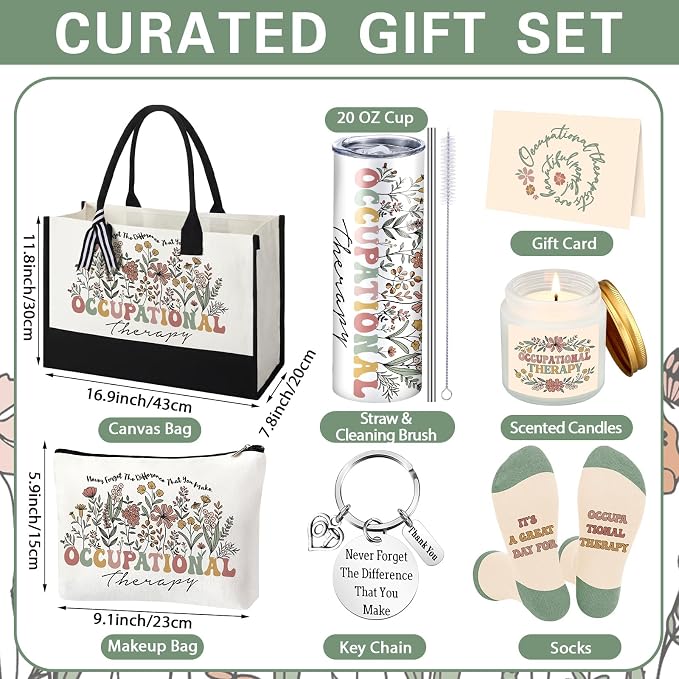 Patelai 7 Pcs Occupational Therapy Gifts for Women Ot Gifts therapist Bag | with 20 oz Cup Tumbler Canvas Tote Bag Makeup Bag Occupational Therapist Ot Month Birthday Speech Appreciation Gift Set