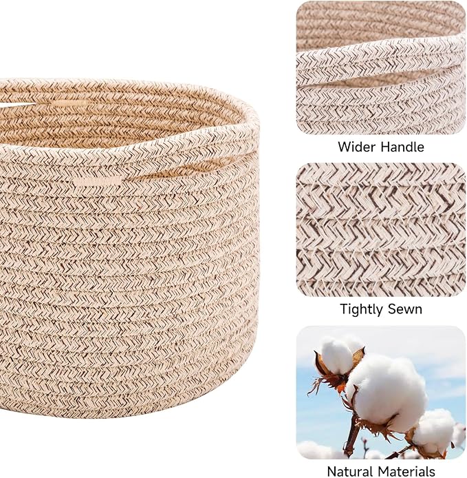 MiniArk Small Basket for Organizing | Cube Shelf Closet Storage Baskets | 9.7×9.7×7.1” | Woven Rope Gift Basket | Nursery | Round 3 Packs Mixed Brown