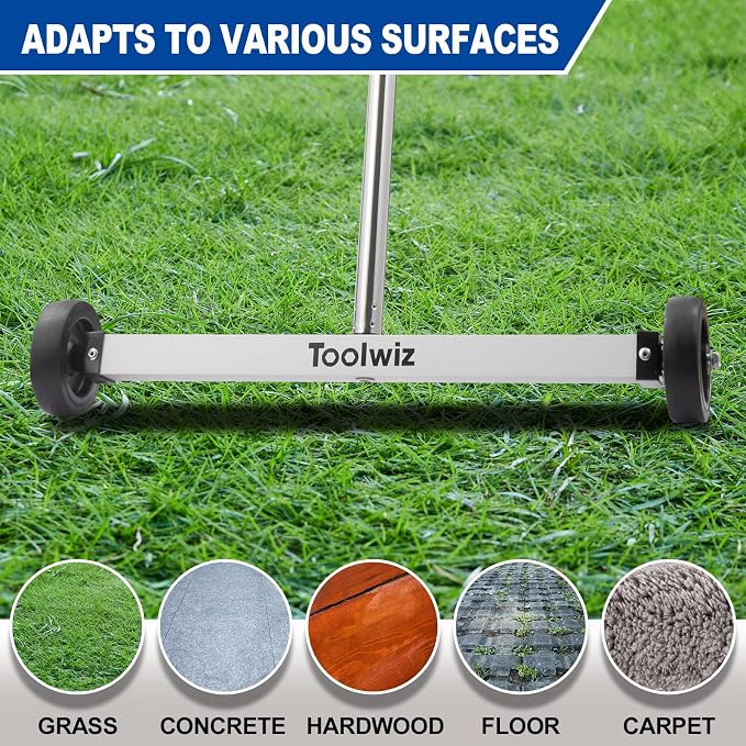 Toolwiz 17" Rolling Magnetic Sweeper with LED Telescopic Pick Up Tool | 10lbs Capacity Sweeper, 8lbs Telescopic Magnetic Pick Up Tool with LED Light, Lightweight with Wheels