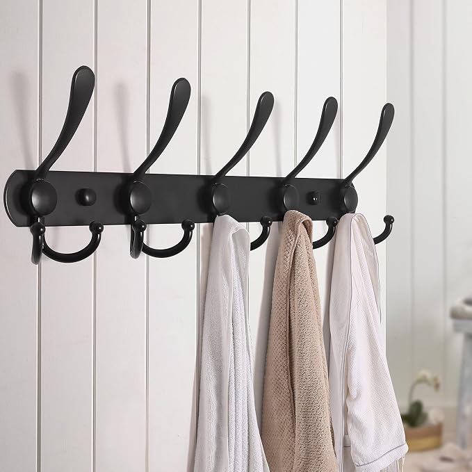 Dseap Coat Rack Wall Mounted - 5 Tri Hooks, Heavy Duty, Stainless Steel, Metal Coat Hook Rail for Coat Hat Towel Purse Robes Mudroom Bathroom Entryway (Black, 4 Packs)